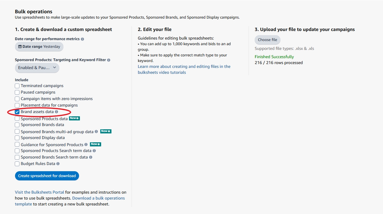 Amazon Ads Bulk Operations - select Brand assets data checkbox