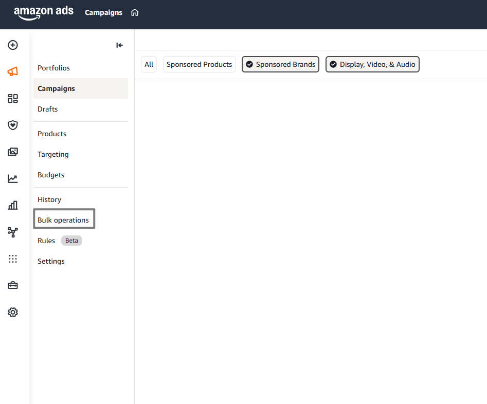 Amazon Ads left navigation — Bulk operations entry