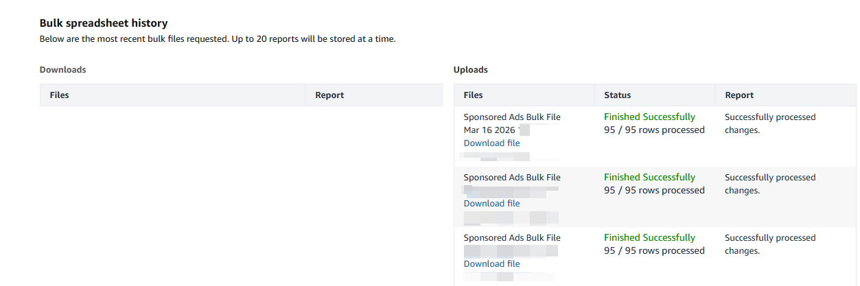 Bulk spreadsheet history — Finished Successfully 95/95 rows